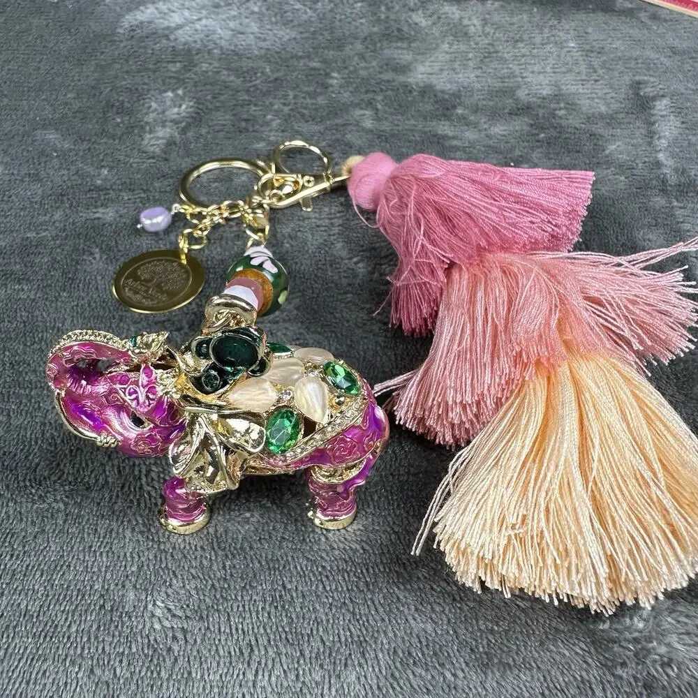 Elephant Pink Bag charm Keychain Metal enamel Boho tier Tassel Beading Unique.